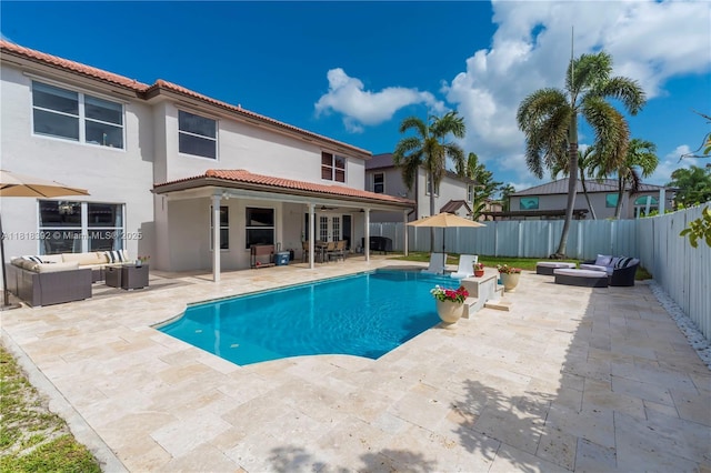 2635 SW 183rd Ave, Miramar, FL 33029 - view of pool featuring an outdoor hangout area, a patio area, a fenced backyard, and ceiling fan