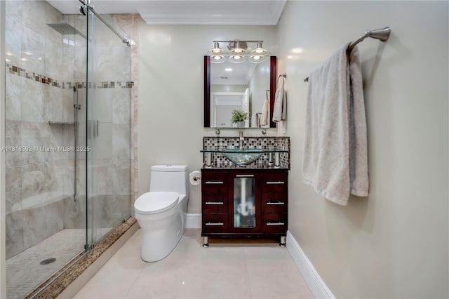 2635 SW 183rd Ave, Miramar, FL 33029 - full bathroom featuring a shower stall, vanity, crown molding, tile patterned floors, and backsplash