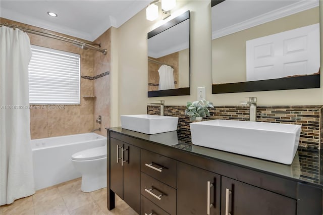 2635 SW 183rd Ave, Miramar, FL 33029 - full bath with crown molding, shower / bathtub combination with curtain, double vanity, and backsplash