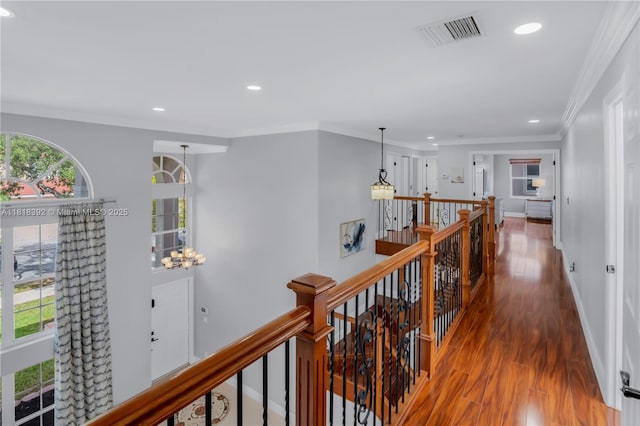 2635 SW 183rd Ave, Miramar, FL 33029 - hallway with an upstairs landing, recessed lighting, wood finished floors, crown molding, and a chandelier