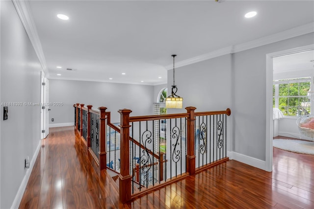 2635 SW 183rd Ave, Miramar, FL 33029 - hall featuring crown molding, hardwood / wood-style flooring, recessed lighting, and an upstairs landing