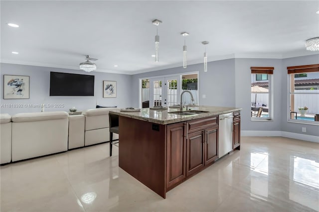 2635 SW 183rd Ave, Miramar, FL 33029 - kitchen with dishwasher, light tile patterned flooring, french doors, crown molding, and light stone countertops