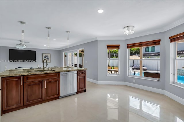 2635 SW 183rd Ave, Miramar, FL 33029 - kitchen with stainless steel dishwasher, healthy amount of natural light, decorative light fixtures, recessed lighting, and ornamental molding