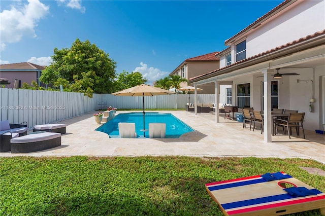 2635 SW 183rd Ave, Miramar, FL 33029 - view of pool with a fenced backyard, a patio area, a ceiling fan, and an outdoor hangout area