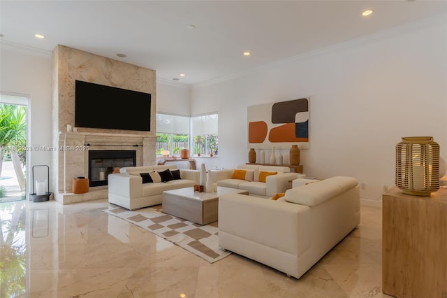 9532 SW 124th Ter, Miami, FL 33176 - living room with ornamental molding, light marble finish flooring, healthy amount of natural light, a premium fireplace, and recessed lighting