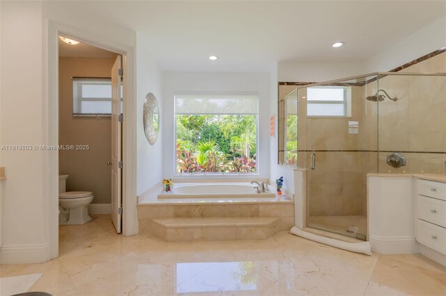 9532 SW 124th Ter, Miami, FL 33176 - bathroom with a garden tub, marble tiled floors, a stall shower, vanity, and recessed lighting