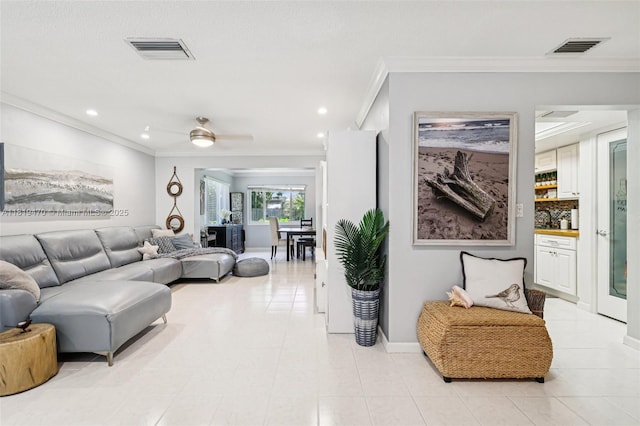 2375 NW 81st Ave, Sunrise, FL 33322 - living area featuring crown molding, recessed lighting, light tile patterned floors, and a ceiling fan