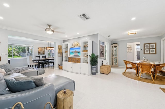 2375 NW 81st Ave, Sunrise, FL 33322 - tiled living room featuring recessed lighting, ornamental molding, and ceiling fan