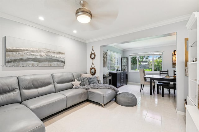 2375 NW 81st Ave, Sunrise, FL 33322 - living area featuring ornamental molding, ceiling fan, light tile patterned flooring, and recessed lighting