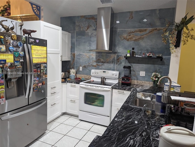 15640 SW 98th St, Miami, FL 33196 - kitchen featuring stainless steel refrigerator with ice dispenser, white electric stove, range hood, white cabinetry, and light tile patterned flooring