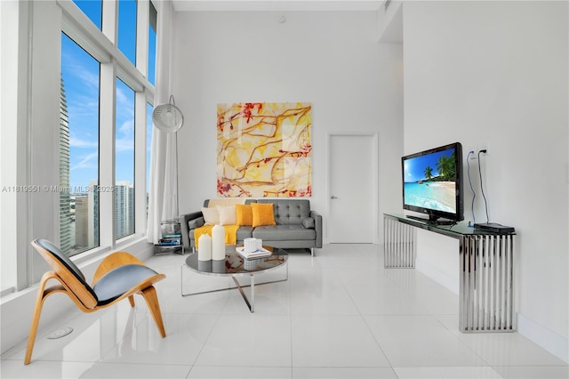 485 Brickell Ave Unit 4004, Miami, FL 33131 - living area featuring a high ceiling and tile patterned flooring
