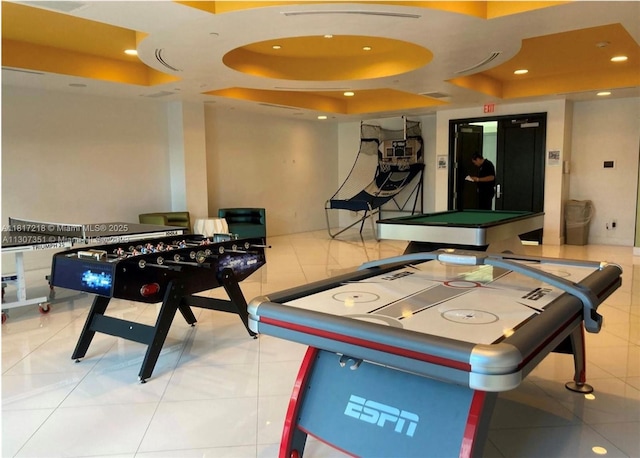 3201 NE 183rd St Unit 1702, Aventura, FL 33160 - game room with a tray ceiling, recessed lighting, pool table, and tile patterned floors