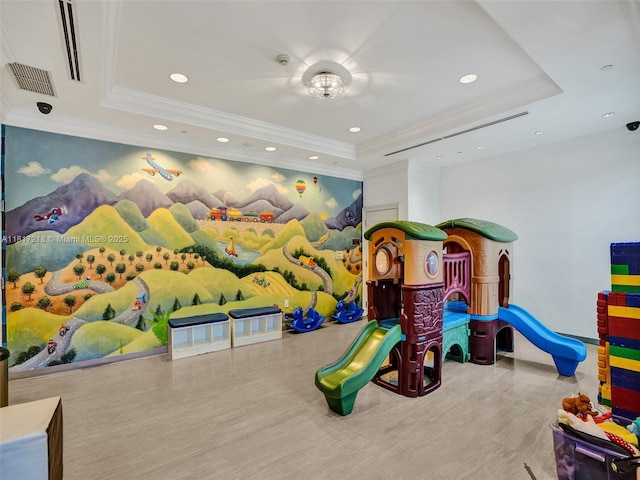3201 NE 183rd St Unit 1702, Aventura, FL 33160 - recreation room with a tray ceiling, recessed lighting, crown molding, and baseboards