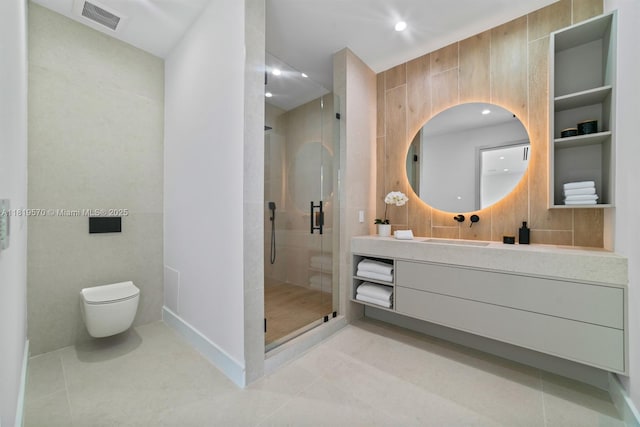 2033 NE 22nd St, Wilton Manors, FL 33305 - bathroom with vanity, a shower stall, tile patterned floors, toilet, and recessed lighting