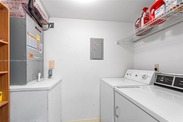 311 Pine Ridge Cir Unit C-2, Green Acres, FL 33463 - laundry area featuring electric panel, washer and clothes dryer, and heating unit