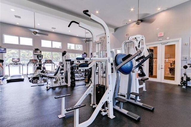 1120 Papaya St, Hollywood, FL 33019 - gym with a ceiling fan, french doors, recessed lighting, and a towering ceiling