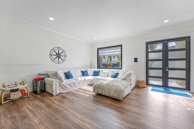 27260 SW 136th Path, Homestead, FL 33032 - living room with wood finished floors, ornamental molding, recessed lighting, and french doors