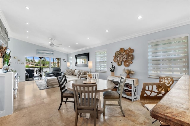 14621 Balgowan Rd Unit 206-3, Miami Lakes, FL 33016 - dining space featuring ceiling fan, crown molding, recessed lighting, and lofted ceiling
