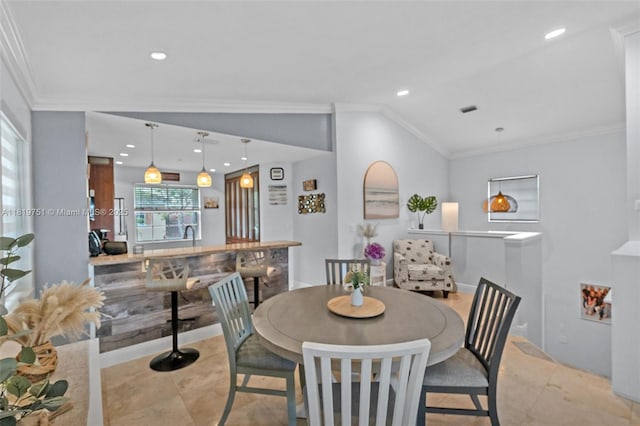 14621 Balgowan Rd Unit 206-3, Miami Lakes, FL 33016 - dining area with crown molding, recessed lighting, and lofted ceiling