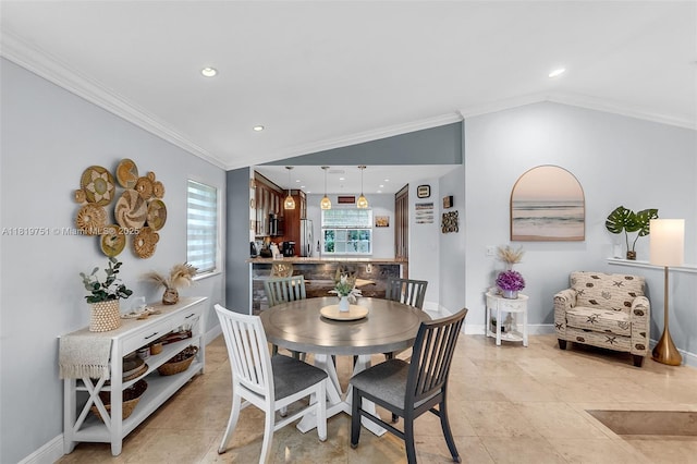 14621 Balgowan Rd Unit 206-3, Miami Lakes, FL 33016 - dining area with crown molding, lofted ceiling, recessed lighting, and light tile patterned floors