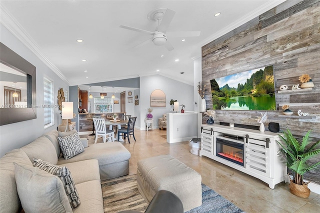 14621 Balgowan Rd Unit 206-3, Miami Lakes, FL 33016 - living area with recessed lighting, a ceiling fan, a glass covered fireplace, crown molding, and vaulted ceiling