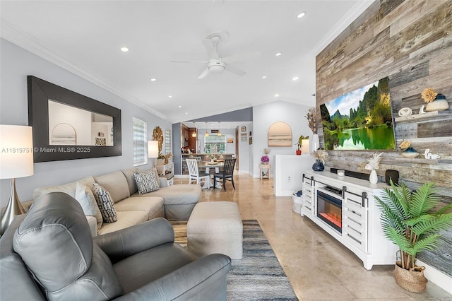 14621 Balgowan Rd Unit 206-3, Miami Lakes, FL 33016 - living area with recessed lighting, ceiling fan, a glass covered fireplace, vaulted ceiling, and ornamental molding