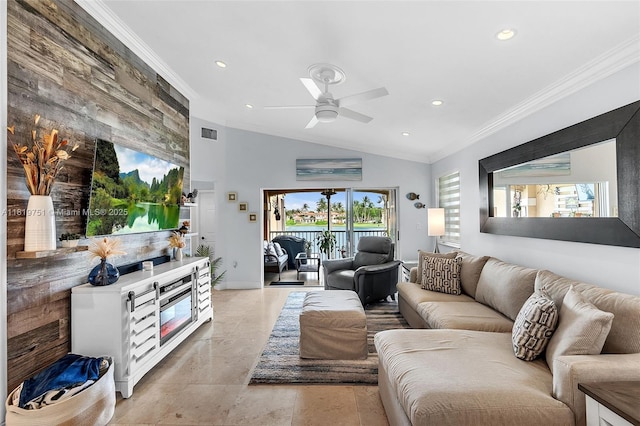14621 Balgowan Rd Unit 206-3, Miami Lakes, FL 33016 - living area with crown molding, recessed lighting, ceiling fan, and vaulted ceiling