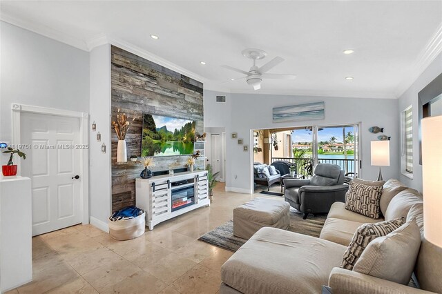 14621 Balgowan Rd Unit 206-3, Miami Lakes, FL 33016 - living room featuring crown molding, recessed lighting, and ceiling fan