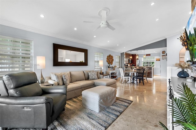 14621 Balgowan Rd Unit 206-3, Miami Lakes, FL 33016 - living room with ceiling fan, recessed lighting, crown molding, and lofted ceiling