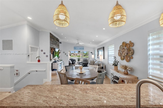 14621 Balgowan Rd Unit 206-3, Miami Lakes, FL 33016 - dining room with recessed lighting, a chandelier, ceiling fan, and crown molding