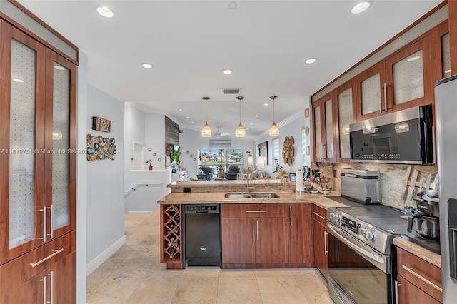 14621 Balgowan Rd Unit 206-3, Miami Lakes, FL 33016 - kitchen featuring appliances with stainless steel finishes, a peninsula, open floor plan, recessed lighting, and glass insert cabinets