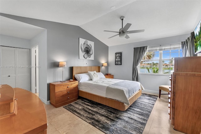 14621 Balgowan Rd Unit 206-3, Miami Lakes, FL 33016 - bedroom with lofted ceiling, a closet, ceiling fan, and light tile patterned floors