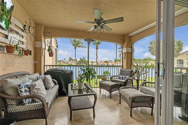 14621 Balgowan Rd Unit 206-3, Miami Lakes, FL 33016 - sunroom / solarium with a water view, ceiling fan, and an outdoor hangout area