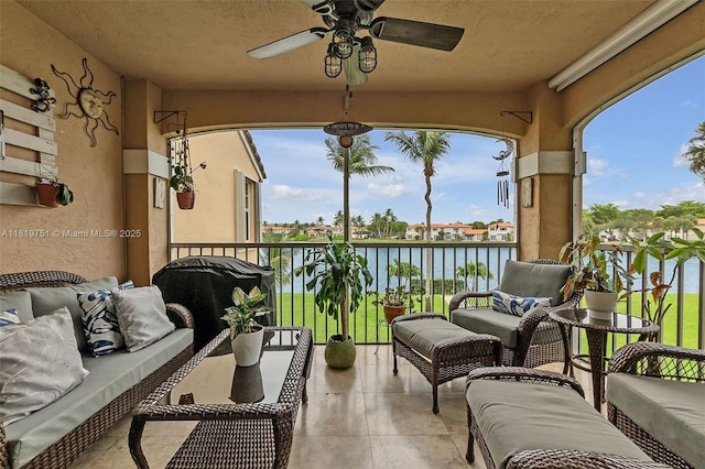 14621 Balgowan Rd Unit 206-3, Miami Lakes, FL 33016 - balcony with ceiling fan, outdoor lounge area, and a water view
