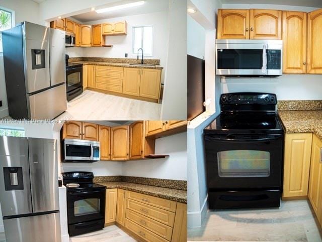412 Columbus Pkwy, Hollywood, FL 33021 - kitchen featuring stainless steel appliances, open shelves, a sink, light wood-style flooring, and stone counters