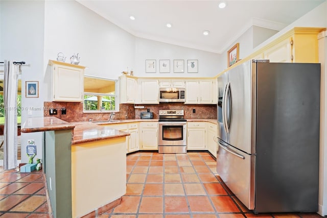 3320 Maple Ln, Davie, FL 33328 - kitchen with stainless steel appliances, a peninsula, tasteful backsplash, crown molding, and high vaulted ceiling