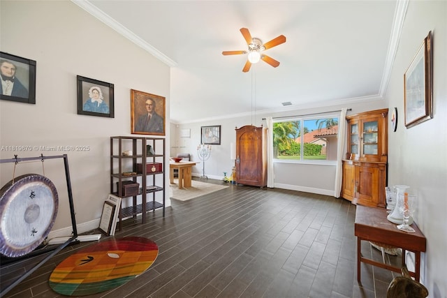 3320 Maple Ln, Davie, FL 33328 - foyer entrance featuring ornamental molding, ceiling fan, and dark wood-type flooring