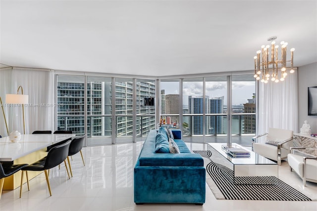 495 Brickell Ave Unit 3604, Miami, FL 33131 - living area with floor to ceiling windows, a chandelier, and tile patterned flooring