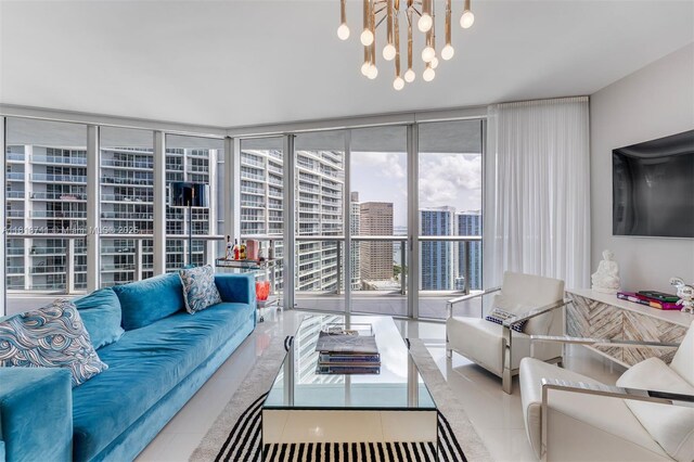 495 Brickell Ave Unit 3604, Miami, FL 33131 - tiled living room with a wall of windows, plenty of natural light, and a chandelier
