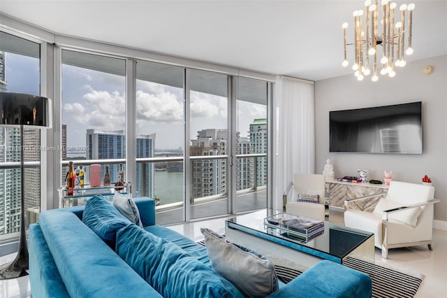 495 Brickell Ave Unit 3604, Miami, FL 33131 - living area featuring healthy amount of natural light, floor to ceiling windows, and a chandelier