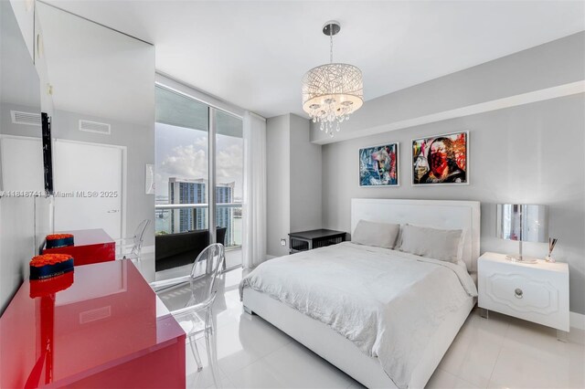495 Brickell Ave Unit 3604, Miami, FL 33131 - bedroom featuring light tile patterned flooring, a chandelier, access to outside, and a wall of windows