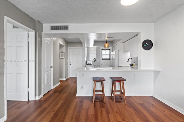 1333 E Hallandale Beach Blvd Unit 421, Hallandale Beach, FL 33009 - kitchen featuring freestanding refrigerator, a sink, a peninsula, dark wood-style floors, and a textured ceiling