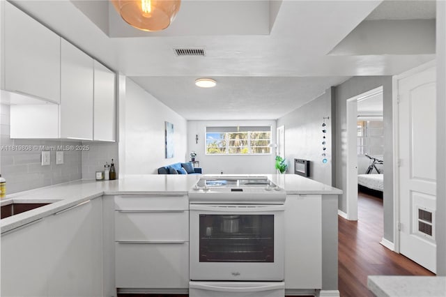 1333 E Hallandale Beach Blvd Unit 421, Hallandale Beach, FL 33009 - kitchen featuring white range with electric stovetop, white cabinetry, light countertops, backsplash, and dark wood-style floors