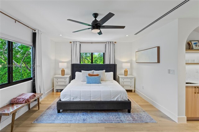 7570 SW 60th St, Miami, FL 33143 - bedroom featuring light wood-style floors, baseboards, ceiling fan, and recessed lighting