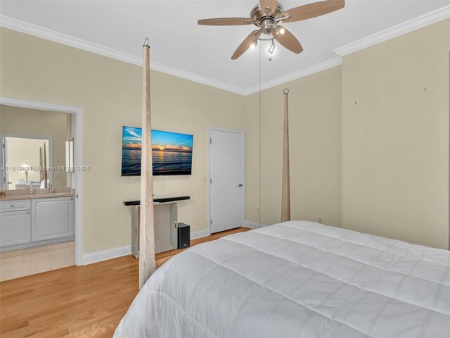 16500 Collins Ave Unit Th-10, Sunny Isles Beach, FL 33160 - bedroom with baseboards, ornamental molding, light wood finished floors, connected bathroom, and ceiling fan