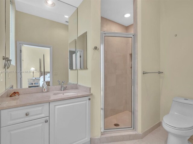 16500 Collins Ave Unit Th-10, Sunny Isles Beach, FL 33160 - full bathroom with vanity, a shower stall, tile patterned flooring, toilet, and baseboards