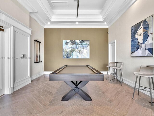 16500 Collins Ave Unit Th-10, Sunny Isles Beach, FL 33160 - recreation room with a raised ceiling, pool table, baseboards, and ornamental molding