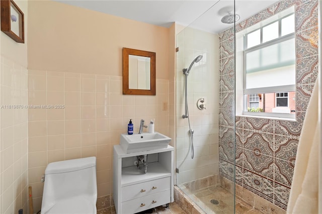 760 Meridian Ave Unit 3, Miami Beach, FL 33139 - bathroom with plenty of natural light, a stall shower, tile walls, vanity, and toilet