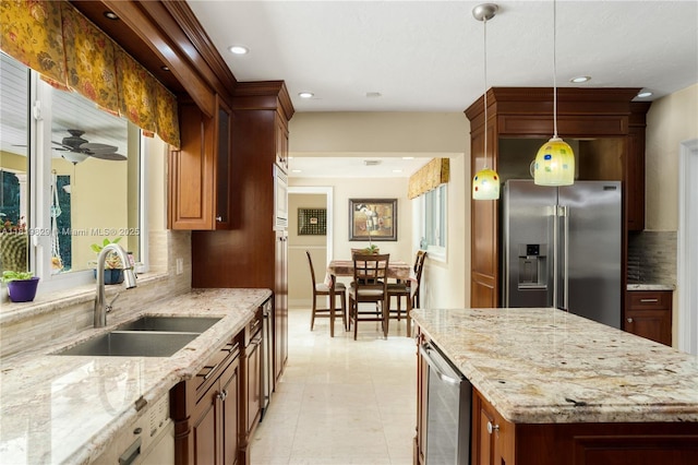 1270 Mariola Ct, Coral Gables, FL 33134 - kitchen with stainless steel fridge, a sink, tasteful backsplash, beverage cooler, and light stone counters
