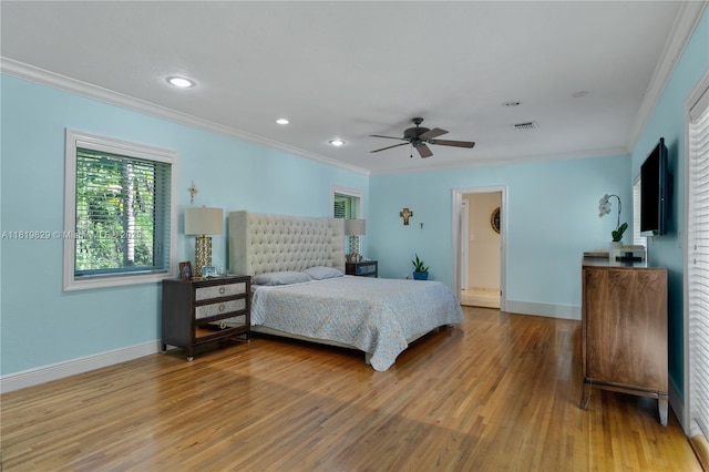 1270 Mariola Ct, Coral Gables, FL 33134 - bedroom featuring crown molding, baseboards, light wood-style floors, recessed lighting, and a ceiling fan